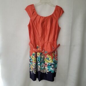Spense Coral Floral Cap Sleeve Belted Sheath Dress Size 14P